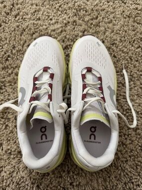 On Cloudmonster Women's Running Sneakers - White with Maroon & Lime